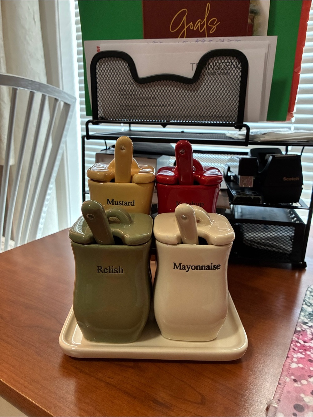 Longaberger Ceramic Condiment Set in Green, Cream, Yellow & Red.  New, not used.